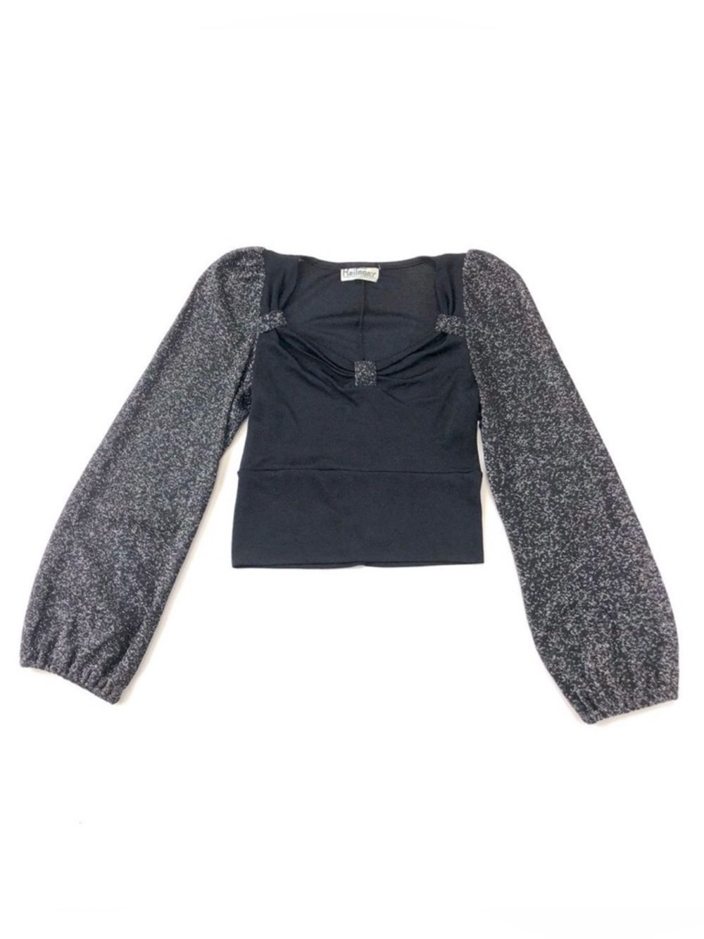 Vintage 70s Reitmans silver black sparkle puff sleeve party top XS